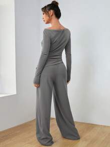 SHEIN EZwear 1 套女士灰色休闲针织修身长袖上衣和裤子套装 - 灰色 - 查看 2