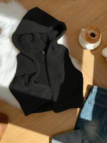 Comfortcana Women Solid Color Front Zipper Sleeveless Casual Hooded Jacket In Fall/Winter