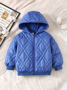 SHEIN Leap Crew 1pc Boys Casual Comfortable Warm Hooded Short Blue Padded Coat, Suitable For Outings, School, Daily Gatherings, Autumn/Winter Season - Royal Blue - View 3