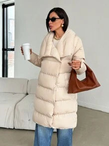 SHEIN Cottnline Fashionable Asymmetrical Snap Button Puffer Winter Coat - Beige - View 5