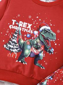 SHEIN 2pcs/Set Baby Boys Christmas Dinosaur Pattern Thermal Lined Sweatshirt And Joggers Set - Burgundy - View 13