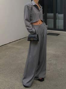 DAZY 2pcs/Set Women's Solid Color Shirt With Collar & Casual Long Pants