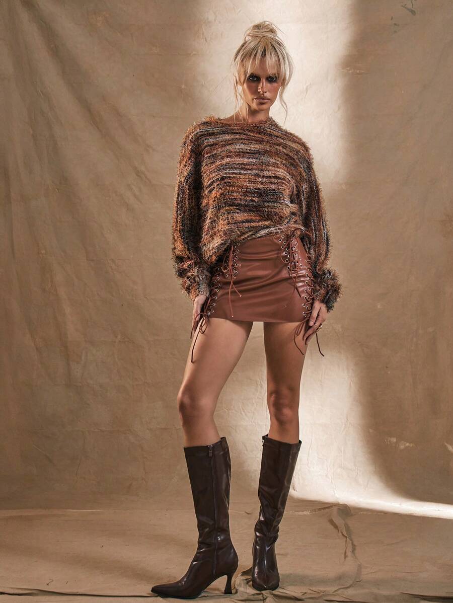 MUSERA Lace Up Side Mini Skirt Boho Summer Cute Western Boho Ibiza Party Vacation Holiday Festival - Rust Brown - View 1