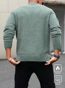 Manfinity Homme 1pc Men Plus Size Solid Color Plain Crew Neck Raglan Sleeve Long Sleeve Casual Pullover Sweater, Autumn/Winter, For Going Out, Men Green Sweater, Men Knitwear, Men Thermal Lined Sweater, Men Winter Sweater, Green Knit Sweater - Green - View 2
