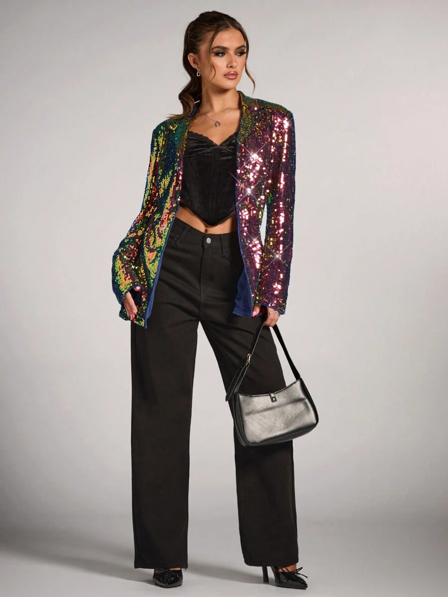 SHEIN BAE 女士撞色亮片装饰长袖西装外套，优雅适合秋季、圣诞派对、新年夜、感恩节等商务休闲场合。 - 彩色 - 查看 1