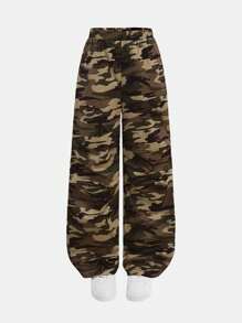 SHEIN Girlism Conjunto informal de 2 piezas para adolescentes: sudadera con capucha con bloque de color y estampado de letras + pantalones holgados de camuflaje, estilo callejero, de vuelta al colegio