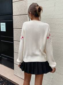 Chiquease 女士休闲花卉印花圆领落肩针织毛衣，秋冬 - 杏色 - 查看 2