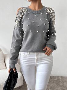 SHEIN LUNE Áo len nữ tay dài cổ tròn khoét rỗng, đính cườm, thích hợp mặc mùa thu đông. - Xám - Xem 1