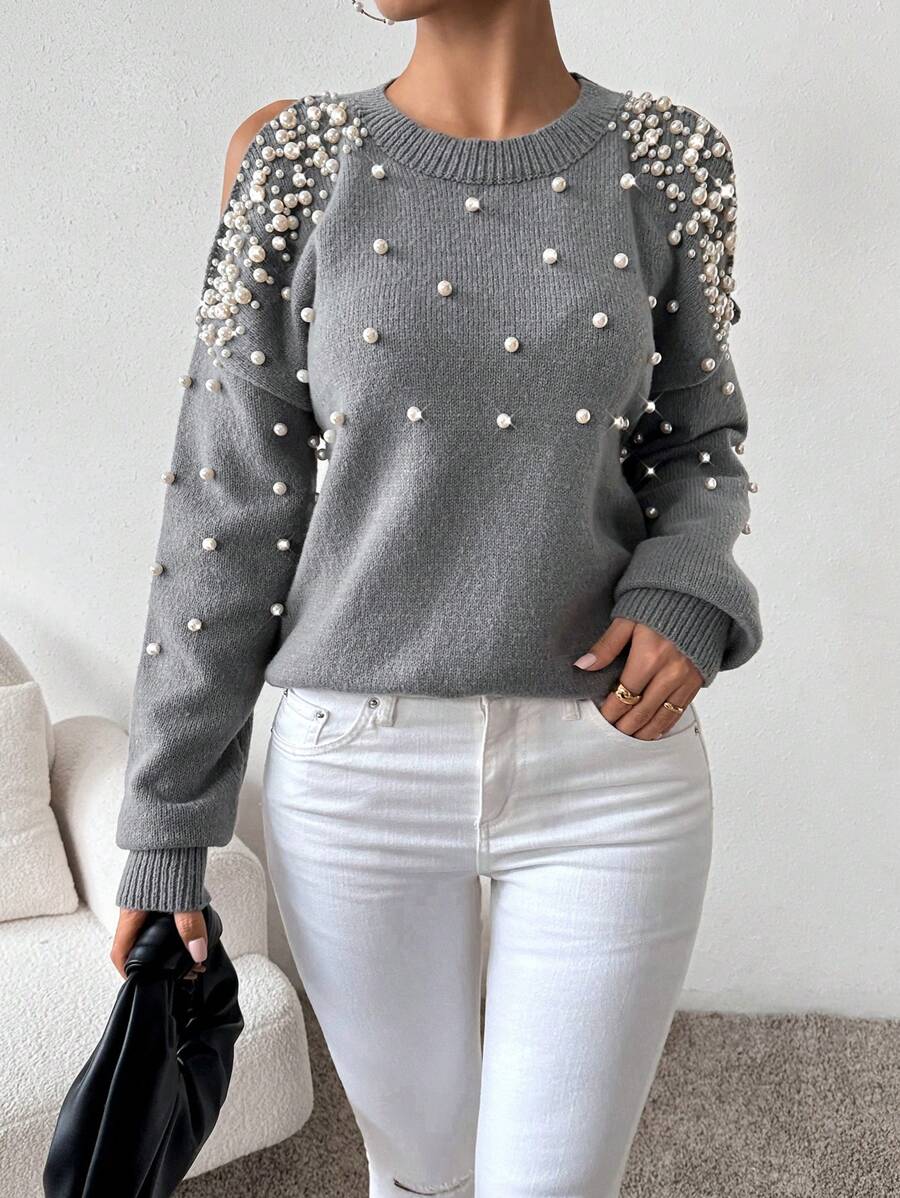 SHEIN LUNE Áo len nữ tay dài cổ tròn khoét rỗng, đính cườm, thích hợp mặc mùa thu đông. - Xám - Xem 1