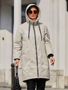 Astrid Plus Size Women Casual Zip-Up Drawstring Hooded Long Padded Coat, Winter - Beige - View 3