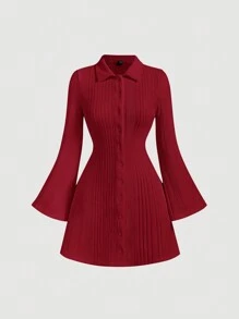 SHEIN MOD Váy len tay loe dệt kim gân trắng giản dị và đa năng dành cho nữ, mùa thu/đông - Đỏ - Xem 1