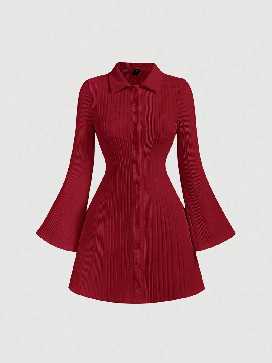 SHEIN MOD Váy len tay loe dệt kim gân trắng giản dị và đa năng dành cho nữ, mùa thu/đông - Đỏ - Xem 1