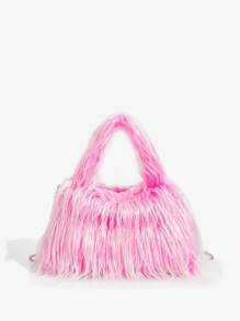 SHEIN ICON 女士，女式毛皮和绒毛手提包，时尚，个性化，简约，百搭，街头，甜美酷炫女孩，辣妹，Y2K，亮粉色，秋冬 - 玫紅色 - 查看 1