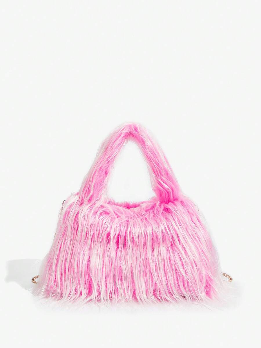 SHEIN ICON 女士，女式毛皮和绒毛手提包，时尚，个性化，简约，百搭，街头，甜美酷炫女孩，辣妹，Y2K，亮粉色，秋冬 - 玫紅色 - 查看 1