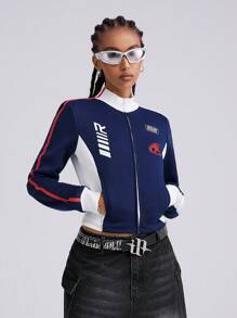 SHEIN EZwear 秋冬休闲撞色夹克 - 藏蓝色 - 查看 5