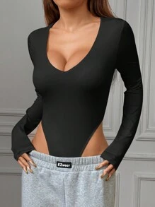 SHEIN EZwear 1 bộ đồ liền thân dệt kim màu đen cổ chữ V dài tay cho nữ - màu đen - Xem 5