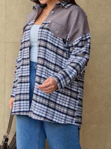 RueChic Plus Plaid Button Up Drop Shoulder Shirt - Beige - View 3