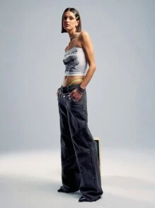 TypaGal Washed Panelling Wide Leg Loose Fit Jeans - Black - View 6