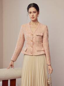 MOTF PREMIUM TWEED SEQUINS V-NECK FLAP DETAIL JACKET - Pink - View 2