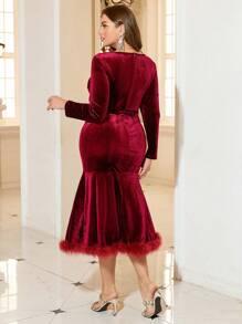 SHEIN Clasi فستان سهرة أنيق مقاس كبير، فستان مخمل أحمر بتصميم الحورية للمناسبات الرسمية، مهرجان، كرنفال - عنابي اللون - مشاهدة 2