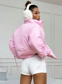 Flirla Women Casual Everyday Wear Pink Bow Decor Zip-Up Stand Collar Padded Padded Coat, Winter Clothes