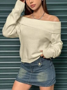 SHEIN Unity Women Solid Color Rib Knit Off Shoulder Fall Sweater Knit Pullover Sweater Fall Winter - Apricot - View 5