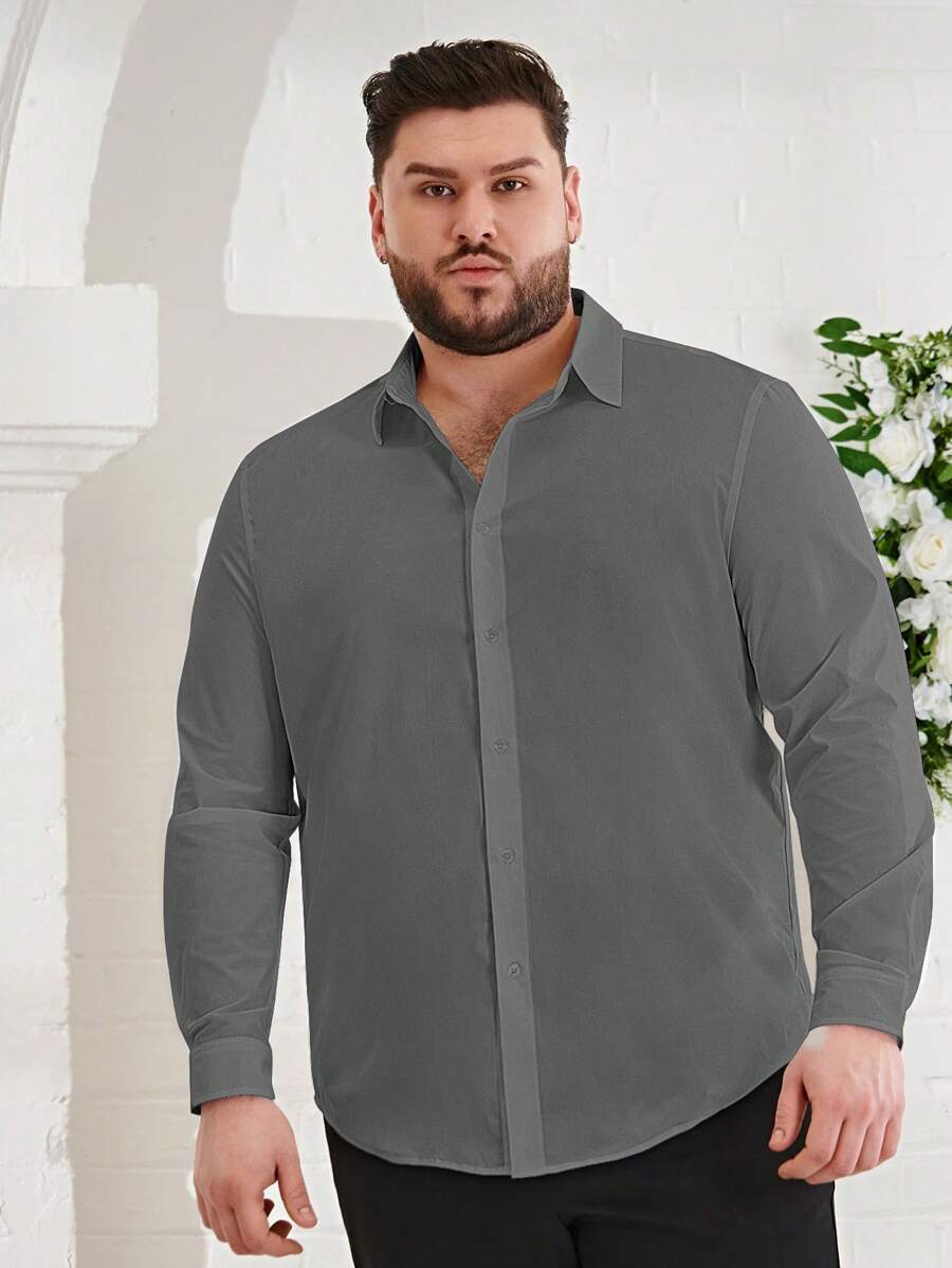 Manfinity VCAY Camisa masculina casual plus size com botões frontais simples e tecido para o outono - Cinza - Ver 1