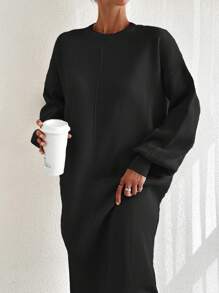EURMUSE Solid Split Side Drop Shoulder Long Sweater Dress For Autumn & Winter - Black - View 6