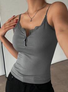 DAZY 1 件女士修身蕾丝拼接吊带背心上衣 - 深灰色 - 查看 4