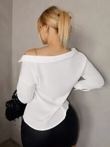 Zolique Women's Cold-Shoulder Chain Decor Drop Shoulder Pockets Elegant Blouse - White - View 2