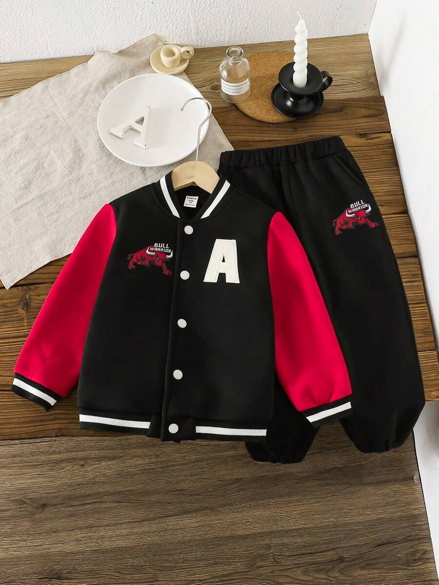 Bộ 2 quần áo bóng chày và quần nỉ in logo bò tót trẻ em màu tương phản, thu/đông - màu đen - Xem 1