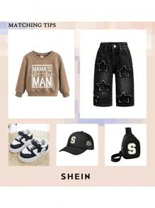 SHEIN Baby Boy Casual Stonewashed Cute Star Patchwork Straight Legs Blue Denim Jeans,For Fall And Winter Outdoor Wear - Black - View 2