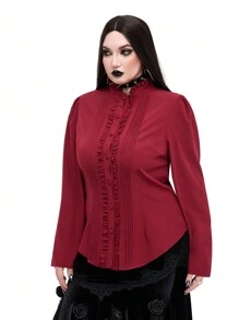 Whyspr Goth Punk Plus Size Women Gothic Punk Retro Palace Style Fitted Blouse - Burgundy - View 7