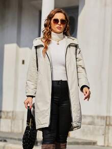 Astrid Plus Size Women Casual Zip-Up Drawstring Hooded Long Padded Coat, Winter - Beige - View 5