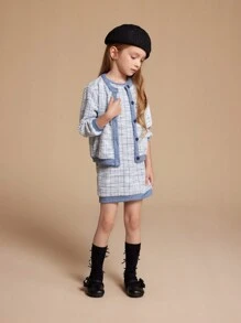 PrepCrw Young Girls Autumn Elegant Plaid Jacket And Dress Set - Blue - View 3
