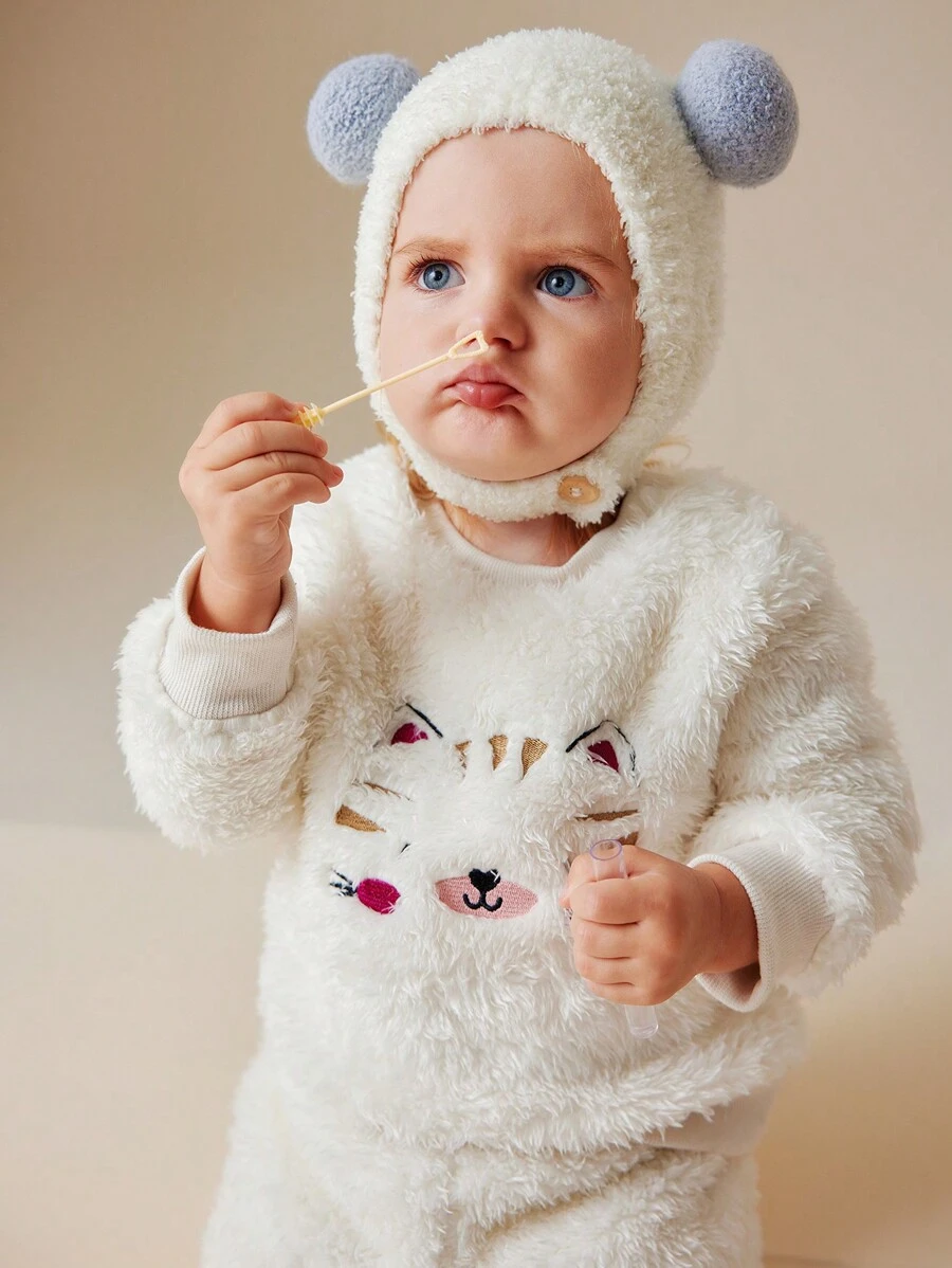 SHEIN 2 cái/bộ trẻ sơ sinh bé gái dễ thương, họa tiết mèo bông, mặc hàng ngày - trắng - Xem 1