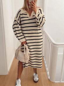 Chiquease Women Polo Collar V-Neck Striped Low Slit Casual Long Sweater Dress