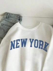 Muchica Casual Minimalist Letter Print Pattern Crew Neck Long Sleeve Thick Loose Fit Women Sweatshirt For Autumn/Winter - White - View 3