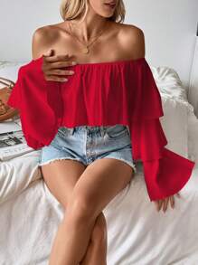 Breezaya 1 pieza Blusa de mujer con hombros descubiertos, cuello con volantes y manga larga para ropa de Año Nuevo, ropa de otoño para mujeres - Rojo - Ver 4