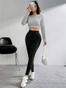 SHEIN EZwear 女士休闲运动纯色高腰侧手机口袋紧身裤 - 黑色 - 查看 5