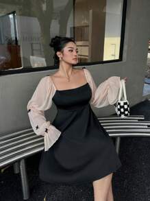 Flirla Vestido de manga larga de malla de lujo ligero con contraste para mujer de talla grande, vestido negro elegante de estilo francés de primavera y otoño con cintura ceñida para fiesta de noche