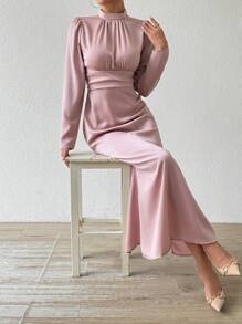 Chiquease Váy ngắn nữ, Váy nữ, Tay dài, Ôm sát, Ôm sát, Viền đuôi cá - Vàng - Xem 1