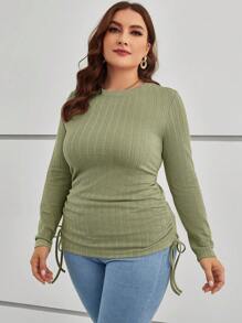 SHEIN Essnce Plus Size Solid Color Round Neck Two Side Ruched Drawstring Long Sleeve T-Shirt
