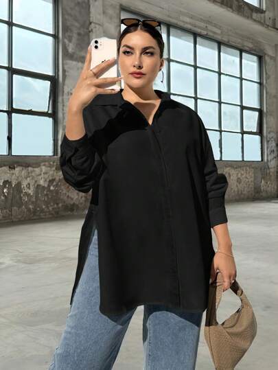 SHEIN Essnce Plus Size Women's Autumn And Winter Casual Loose Black Basic Long-Sleeved Button-Down Shirt, Women Blouse, Oversize Tops, Old Money Style, Work Women Blouses, Fall Clothes, High Side Slit Shirt, Basic Long-Sleeved Shirt, Homecoming, Airport Women Outfits