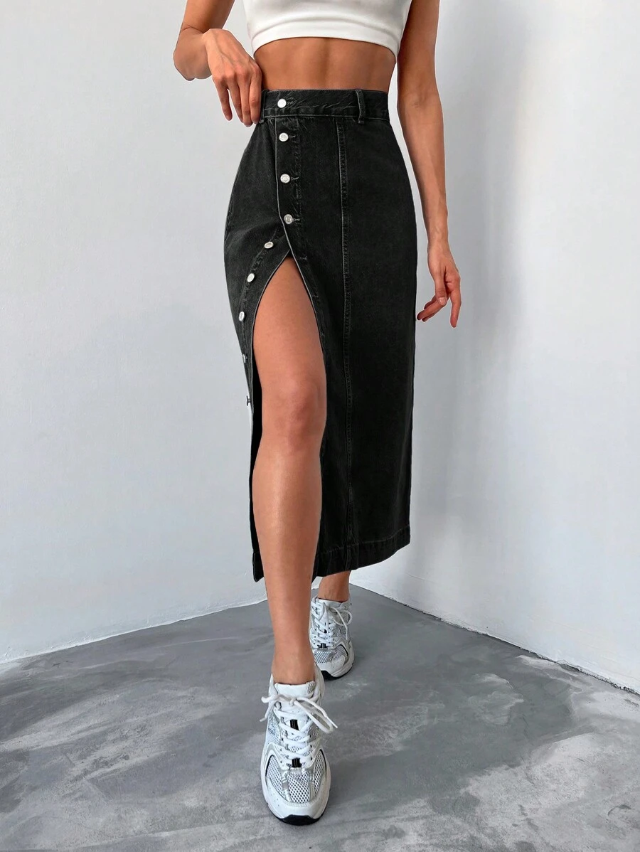 EURMUSE Button Front Split Thigh Denim Skirt - Black - View 1