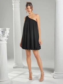 L'Amorae One Shoulder Shirring Bubble Mini Dress
