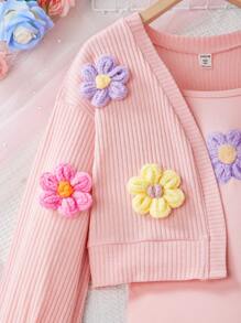 SHEIN Zweiteiler für Tween-Mädchen mit buntem 3D Blumendekoration Jacke und Blumen-Muster Slip Kleid, süßer Feiertags-Stil, Herbst/Winter - Verschiedenfarbig - Übersicht 4