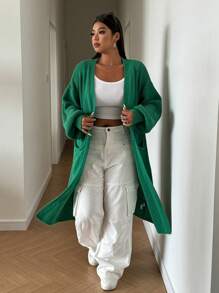 Flirla Plus Size Women's V-Neck Loose Long Lantern Sleeve Casual Knit Cardigan Sweater