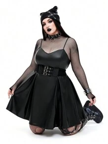 Flirla Váy da PU không tay có viền bèo nhún phong cách Gothic Punk cỡ lớn có thể điều chỉnh - màu đen - Xem 2
