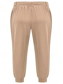 Pantalones casuales de primavera para mujer de talla grande, de unicolor, con cintura con cordón y pierna entallada - Caqui - Ver 3